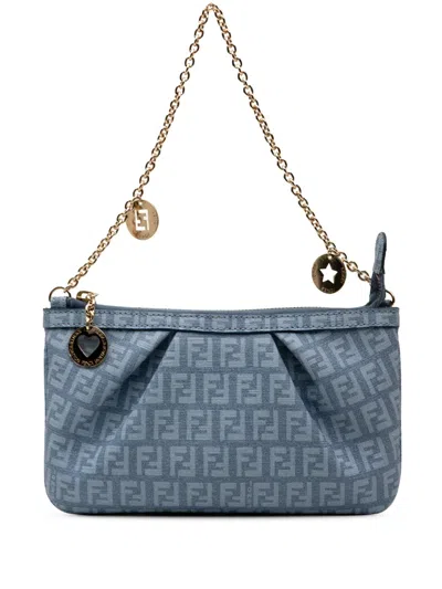 Pre-owned Fendi 2000-2010 Zucchino Spalmati Chain Pochette Shoulder Bag In Blue