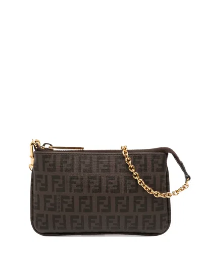 Pre-owned Fendi 2000-2010 Zucchino Spalmati Chain Pochette Shoulder Bag In Brown