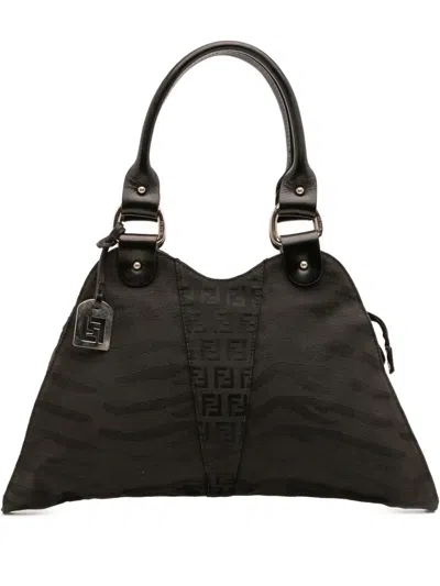 Pre-owned Fendi 2000-2010 Zucchino Zebra Print Canvas Diavolo Trapezio Handbag In Black