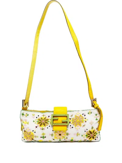 Pre-owned Fendi 2000-2015 Mamma Baguette Beaded-flower Shoulder Bag In Yellow