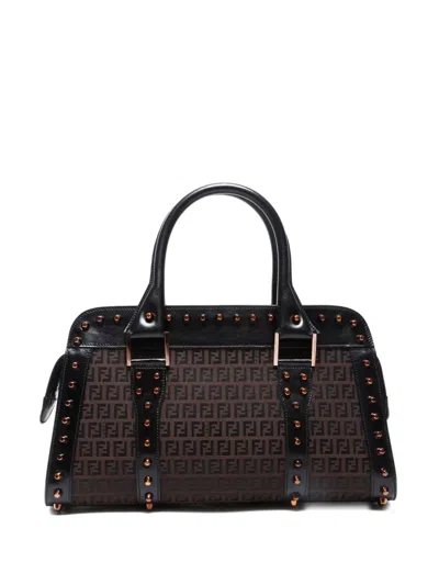 Pre-owned Fendi 2000-2015s Zucchino Studded Boston Bag In Brown