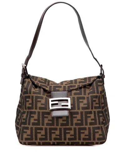 Pre-owned Fendi 2000-2017 Zucca Canvas Double Flap Shoulder Bag In Brown