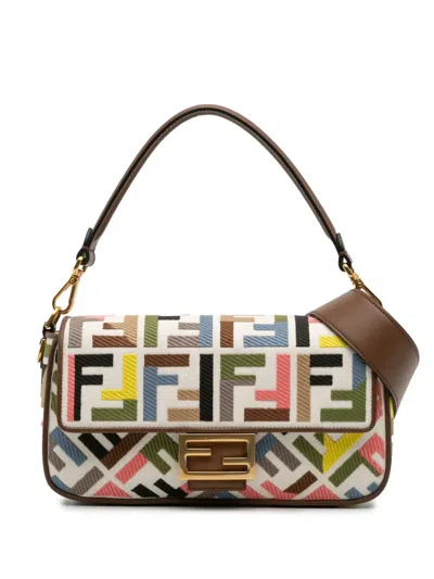 Pre-owned Fendi 2000-2017 Zucca Canvas Embroidered Baguette Satchel In Brown