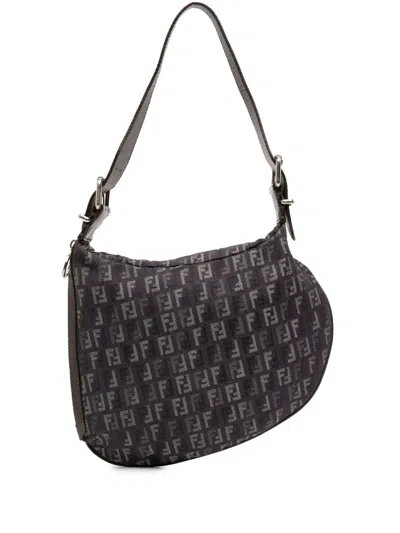 Pre-owned Fendi 2000-2017 Zucchino Denim Oyster Shoulder Bag In Black