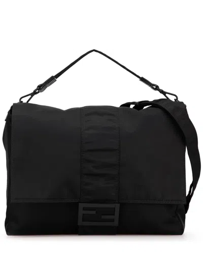 Pre-owned Fendi 2000-2023 Nylon Baguette Messenger Bag Satchel In Black