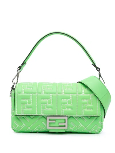 Pre-owned Fendi 2000-2023 Zucca Embossed Stitched Leather Baguette Satchel In Green