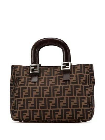 Pre-owned Fendi 2000-2024 Small Zucca Canvas Twins Tote Bag In Brown