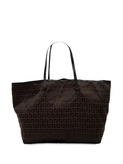 Pre-owned Fendi 2000-2025 Medium Zucchino Canvas Roll Tote Bag In Brown
