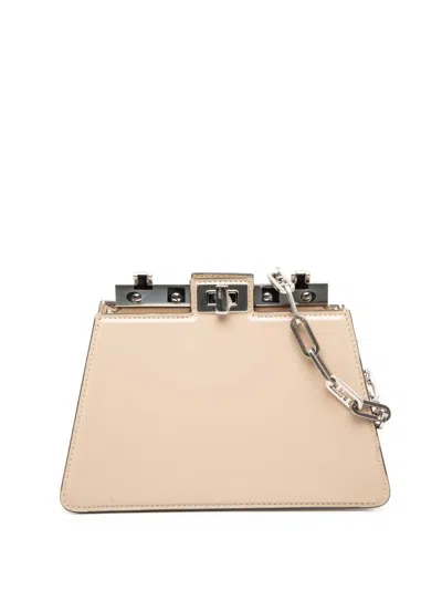 Pre-owned Fendi 2000-2025 Small Leather Peekaboo Cut Chain Shoulder Bag In Brown