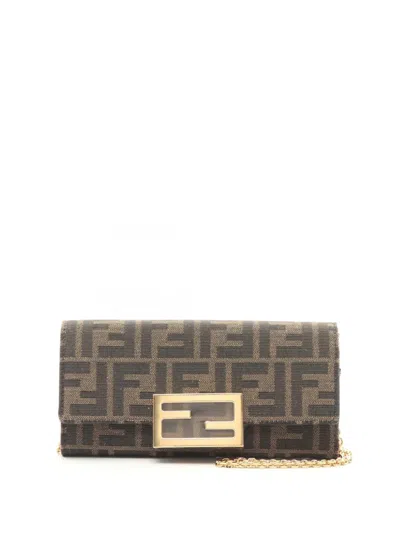Pre-owned Fendi 2000-2025 Zucca Canvas Continental Wallet On Chain Crossbody Bag In Brown
