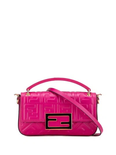 Pre-owned Fendi 2000-2025 Zucca Embossed Leather Baguette Phone Pouch Satchel In Pink