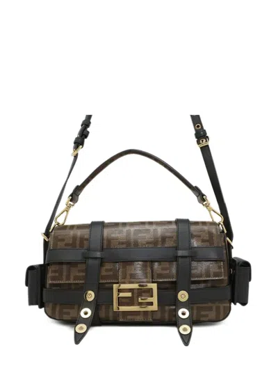 Pre-owned Fendi 2000-2025 Zucca Glazed Fabric Cage Baguette Satchel In Brown