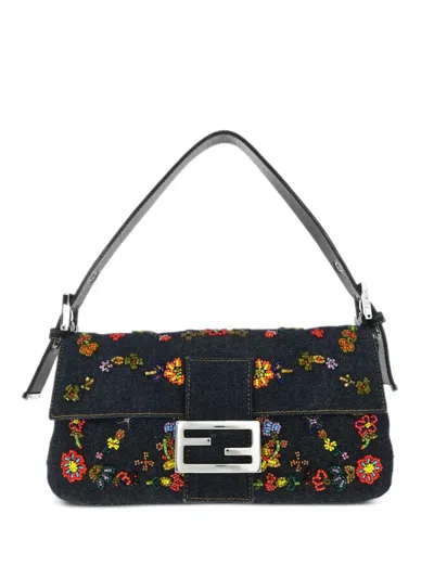 Pre-owned Fendi 2000 Ricami Beaded-flowers Shoulder Bag In Blue