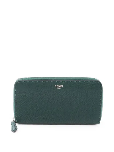 Pre-owned Fendi 2000 Selleria Round-zipper Wallet In Green