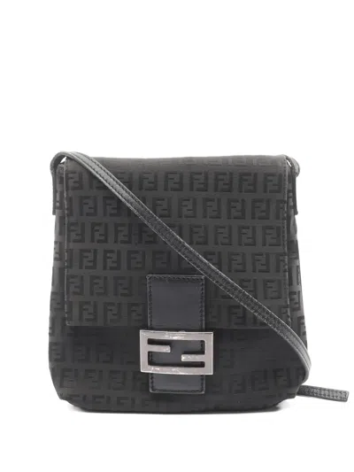 Pre-owned Fendi 2000 Zucchino Pattern Shoulder Bag In Black