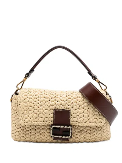 Pre-owned Fendi 2000-2010 Crochet Raffia Baguette Satchel In Neutral