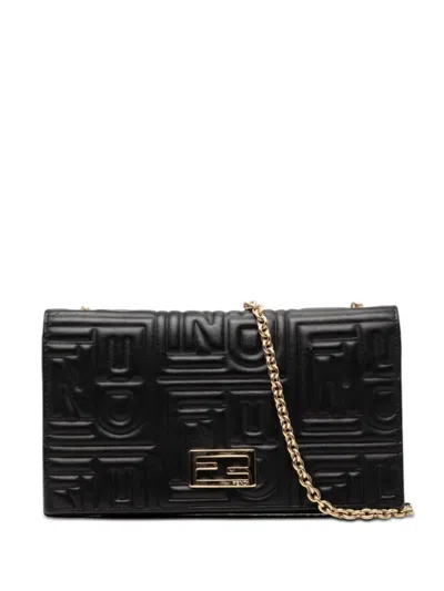 Pre-owned Fendi 2000-2010 Embossed Nappa Logo Chain Clutch Crossbody Bag In Black