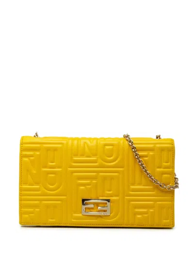Pre-owned Fendi 2000-2010 Embossed Nappa Logo Chain Clutch Crossbody Bag In Yellow