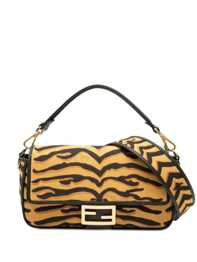 Pre-owned Fendi 2000-2010 Embroidered Canvas Tiger Print Baguette Satchel In Brown