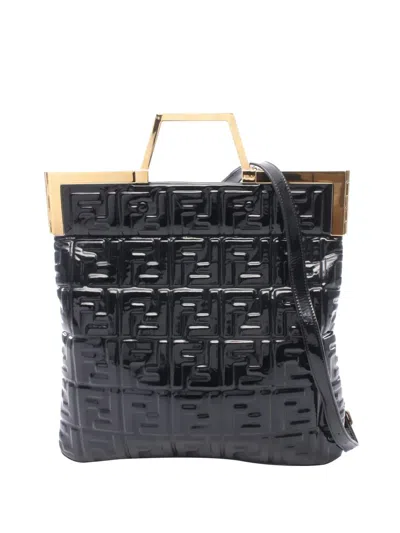 Pre-owned Fendi 2000-2010 Ff 1974 Embossed Patent Shopping Tote Satchel In Black