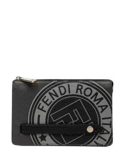 Pre-owned Fendi 2000-2010 Grained Leather Roma Selleria Zip Clutch Bag In Black