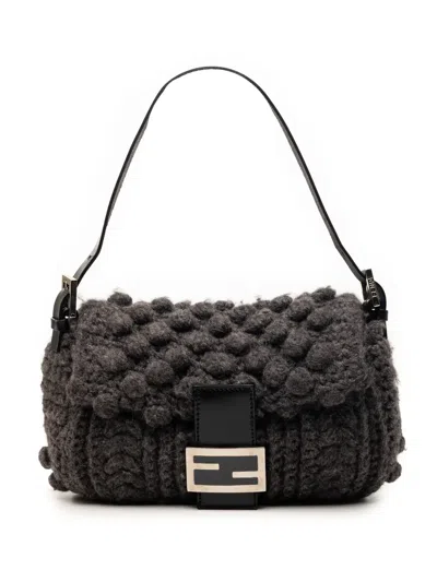 Pre-owned Fendi 2000-2010 Knit Wool Mamma Baguette Shoulder Bag In Gray