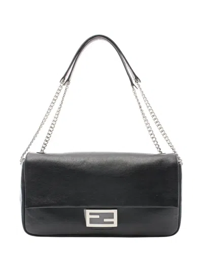 Pre-owned Fendi 2000-2010 Large Leather Chain Baguette Shoulder Bag In Black