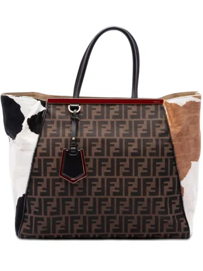 Pre-owned Fendi 2000-2010 Large Zucca Canvas Ponyhair 2jours Tote Satchel In Brown