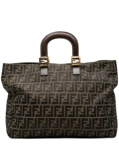 Pre-owned Fendi 2000-2010 Large Zucca Canvas Twins Tote Bag In Brown