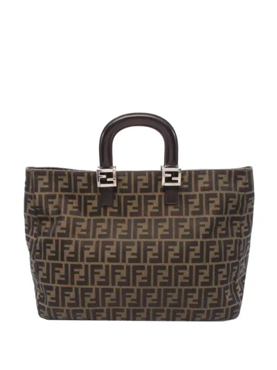 Pre-owned Fendi 2000-2010 Large Zucca Canvas Twins Tote Bag In Brown