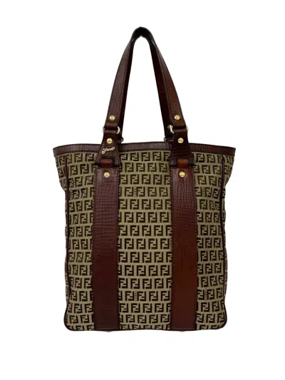 Pre-owned Fendi 2000-2010 Leather Trimmed Zucchino Canvas Tote Bag In Brown