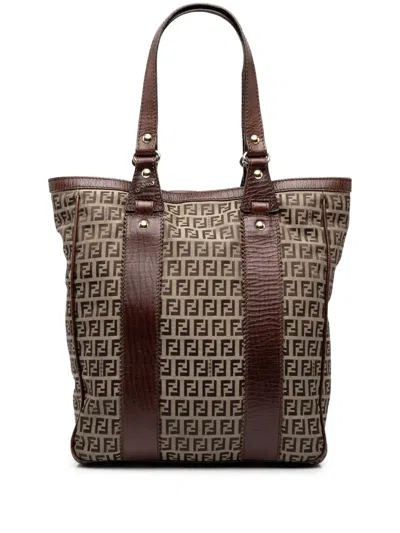 Pre-owned Fendi 2000-2010 Leather Trimmed Zucchino Canvas Tote Bag In Neutrals