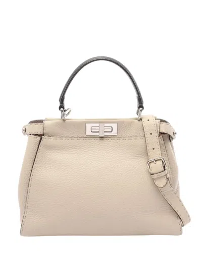 Pre-owned Fendi 2000-2010 Medium Leather Selleria Peekaboo Iconic Satchel In Neutrals
