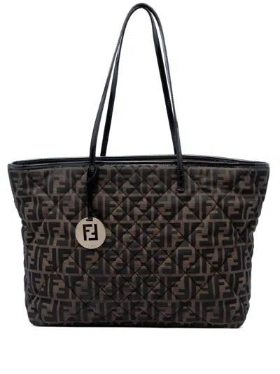 Pre-owned Fendi 2000-2010 Medium Quilted Zucca Canvas Roll Tote Bag In Black