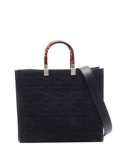Pre-owned Fendi 2000-2010 Medium Zucca Sunshine Shopper Canvas Tote Satchel In Black