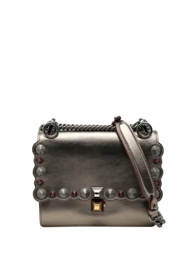 Pre-owned Fendi 2000-2010 Mini Scalloped Metallic Studded Leather Kan I Crossbody Bag In Gold