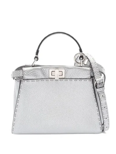 Pre-owned Fendi 2000-2010 Mini Selleria Peekaboo Iconic Satchel In Silver