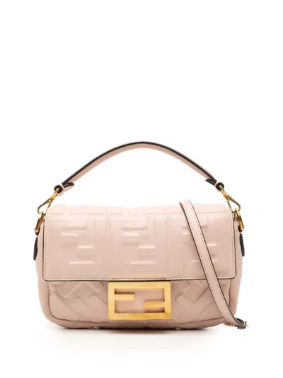 Pre-owned Fendi 2000-2010 Mini Zucca Embossed Leather Baguette Satchel In Pink