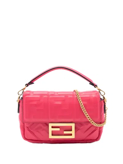 Pre-owned Fendi 2000-2010 Mini Zucca Embossed Leather Baguette Satchel In Pink
