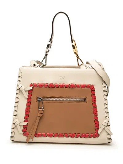 Pre-owned Fendi 2000-2010 Small Bicolor Calfskin Whipstitch Runway Satchel In Brown