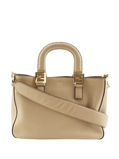 Pre-owned Fendi 2000-2010 Small Leather Selleria Ff Tote Satchel In Neutral
