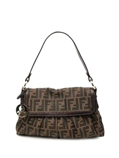 Pre-owned Fendi 2000-2010 Small Zucca Canvas Chef Flap Shoulder Bag In Brown
