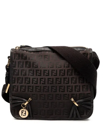 Pre-owned Fendi 2000-2010 Small Zucchino Canvas F Charm Crossbody Bag In Brown
