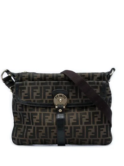 Pre-owned Fendi 2000-2010 Zucca Canvas Chef Zip Crossbody Bag In Brown
