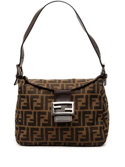 Pre-owned Fendi 2000-2010 Zucca Canvas Double Flap Mamma Shoulder Bag In Brown