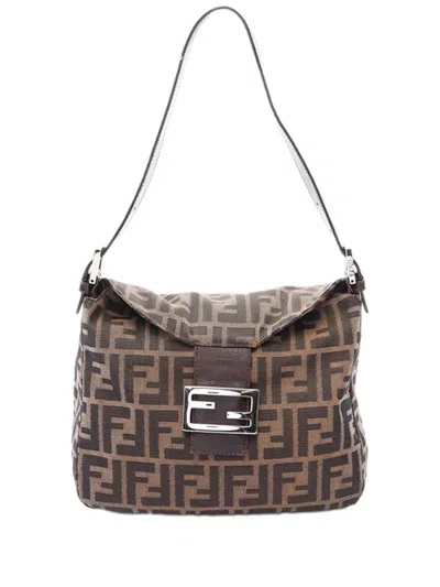 Pre-owned Fendi 2000-2010 Zucca Canvas Double Flap Mamma Shoulder Bag In Brown