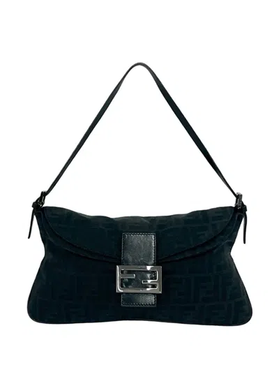 Pre-owned Fendi 2000-2010 Zucca Canvas Double Flap Shoulder Bag In Black