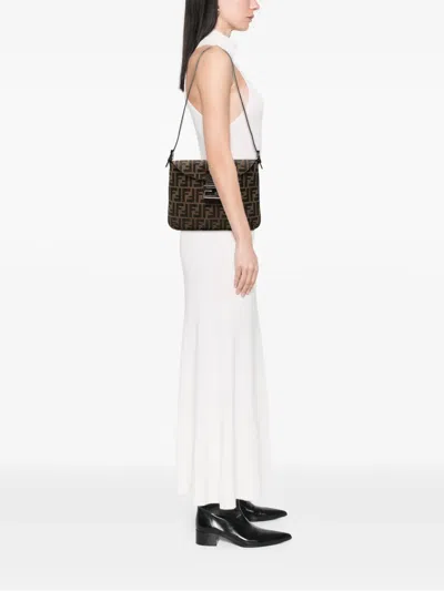 Pre-owned Fendi 2000-2010 Zucca Canvas Double Flap Shoulder Bag In Brown