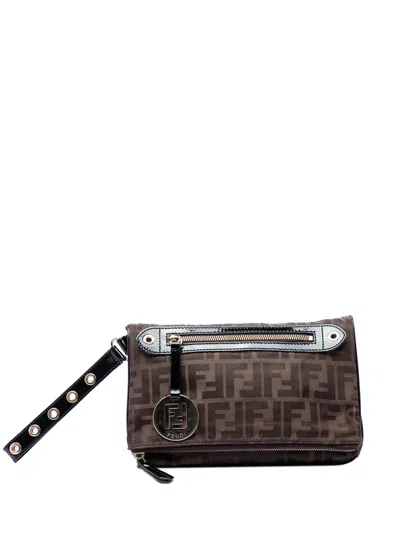 Pre-owned Fendi 2000-2010 Zucca Canvas Flap Wristlet Clutch Bag In Brown