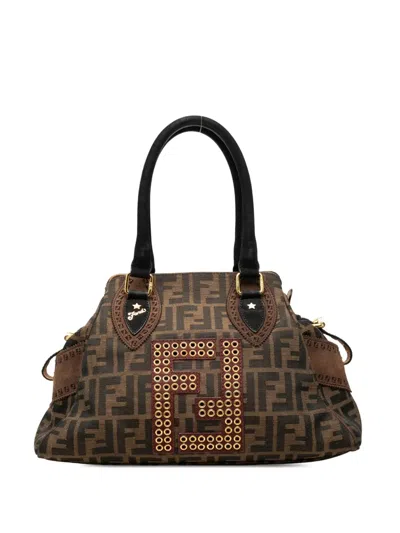 Pre-owned Fendi 2000-2010 Zucca Canvas Grommet Etniko Du Jour Tote Bag In Brown